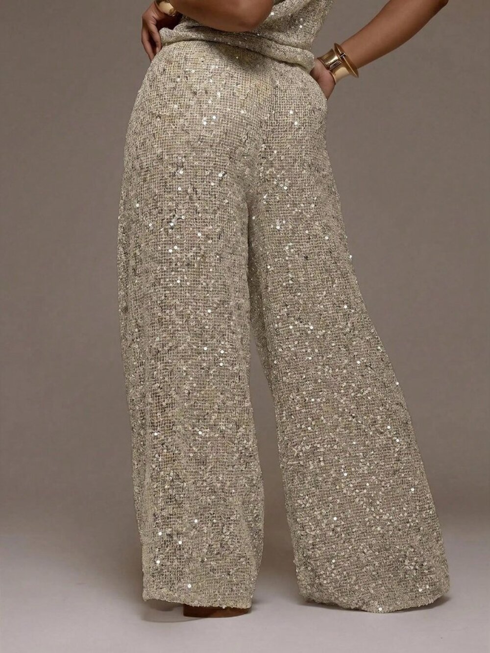 Cream Casual Women's Plus Size Sequin Knit Mid Rise Tie Waist Wide Leg Trousers - Picture 2 of 5